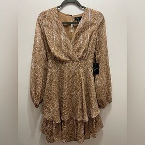 Japna leopard print shimmer dress with ruffles and plunge v-neck size large